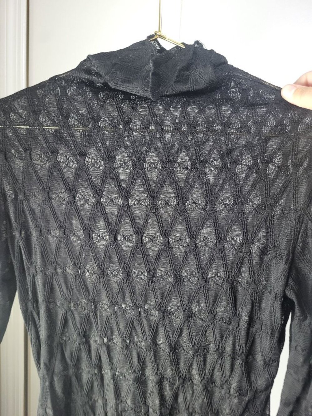 Women's M Sheer Turtleneck Lace Blouse Sexy Top Mesh Club Goth y2k Geometric - Picture 3 of 8